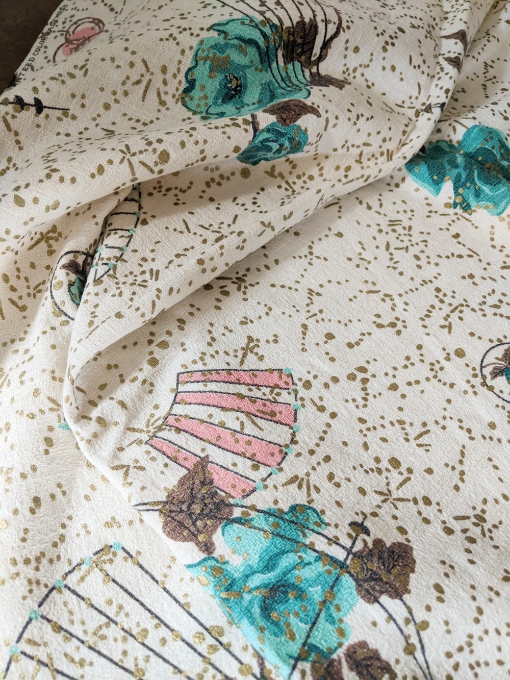 Vintage Goldco Barkcloth - MCM Upholstery Fabric, Teal & Pink